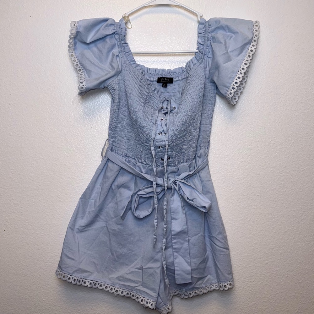Privy Light Blue Romper with Lace Accents